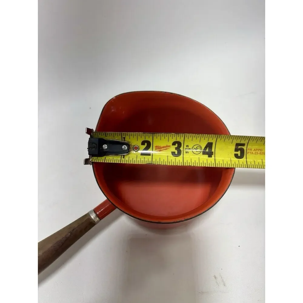 Vintage Mid Century Enamel Butter Warmer Saucepan Teak Wood Handle Red 4.5”